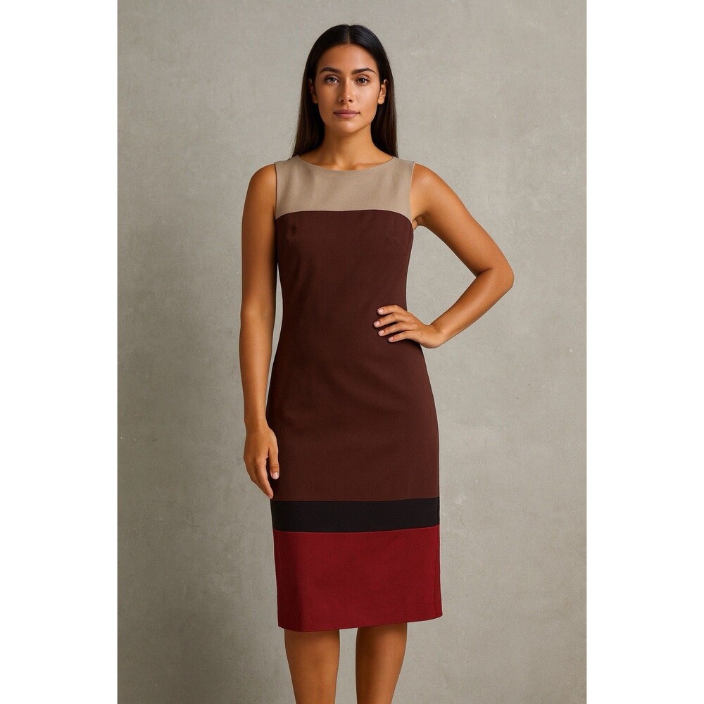 AKRIS PUNTO Sz US 4 Tan Maroon Red Fall Sheath Dress Viscose Wool Blend